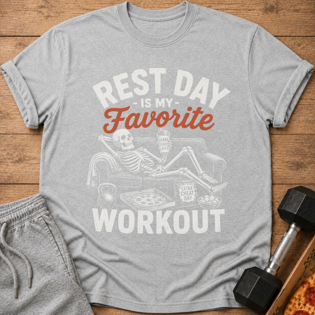 Gray t-shirt with text "Rest Day Is My Favorite Workout" and skeleton on couch.