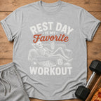 Gray t-shirt with text "Rest Day Is My Favorite Workout" and skeleton on couch.