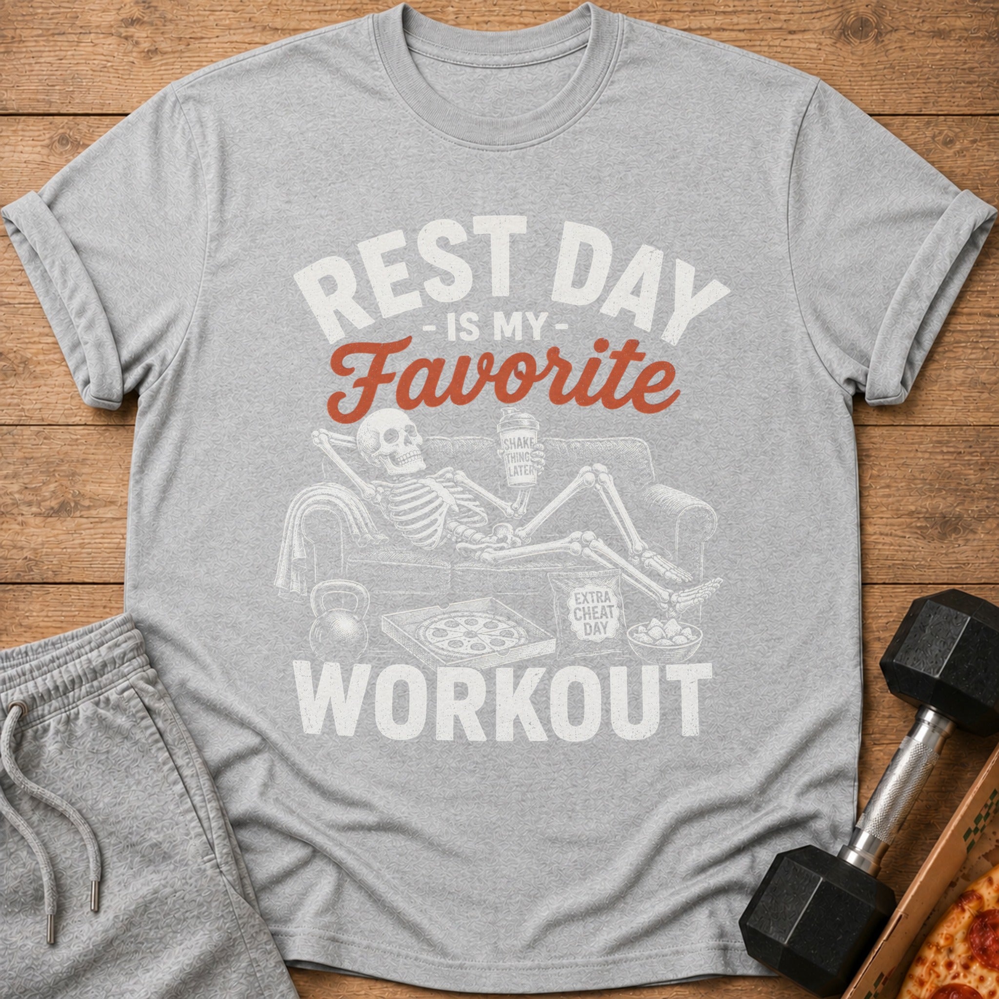 Gray t-shirt with text "Rest Day Is My Favorite Workout" and skeleton on couch.