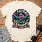 T-shirt with neon graphic: 30% Lifting, 70% Talking To Myself, Certified Gym Procrastinator.