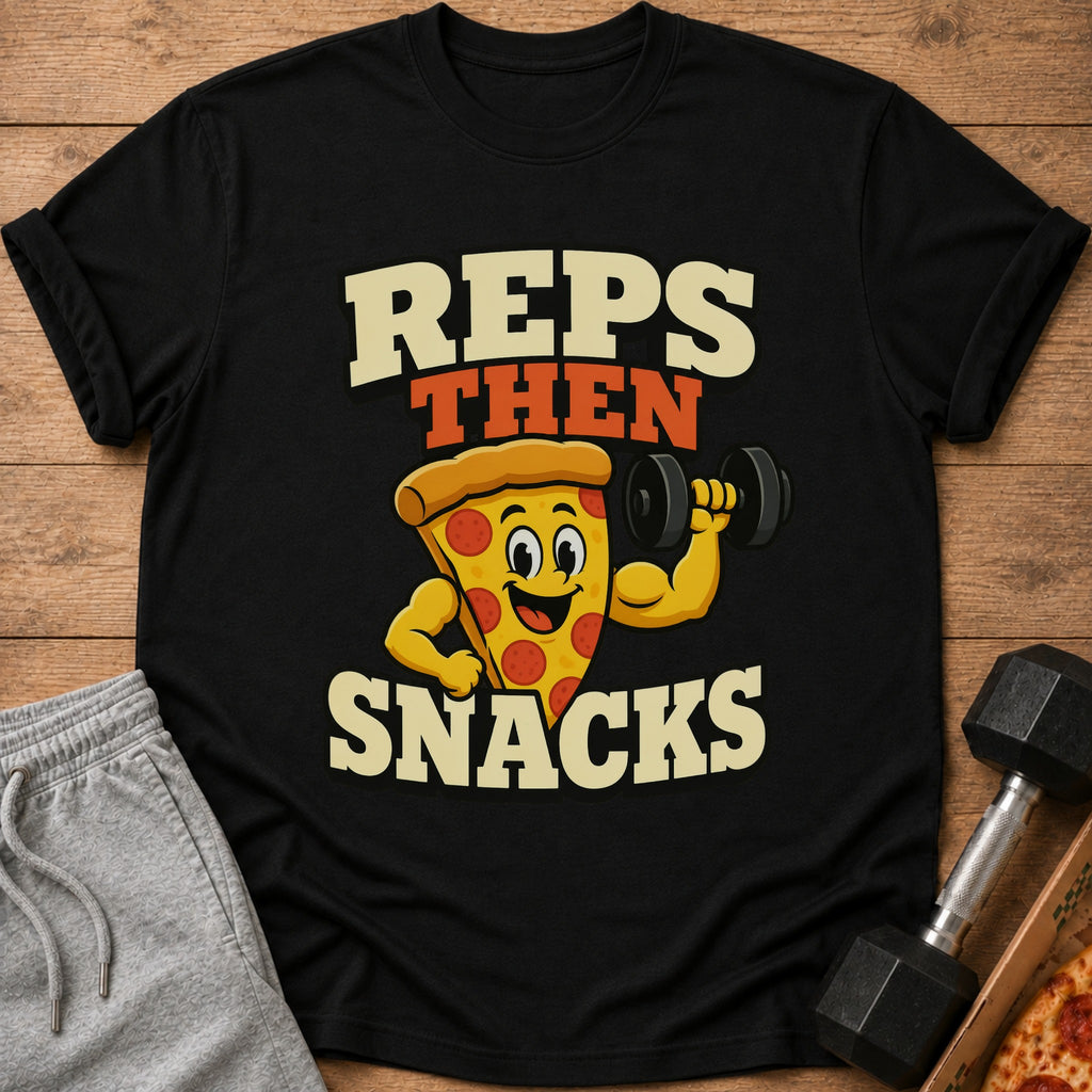 Black t-shirt with "REPS THEN SNACKS" text and a cartoon pizza lifting weights.
