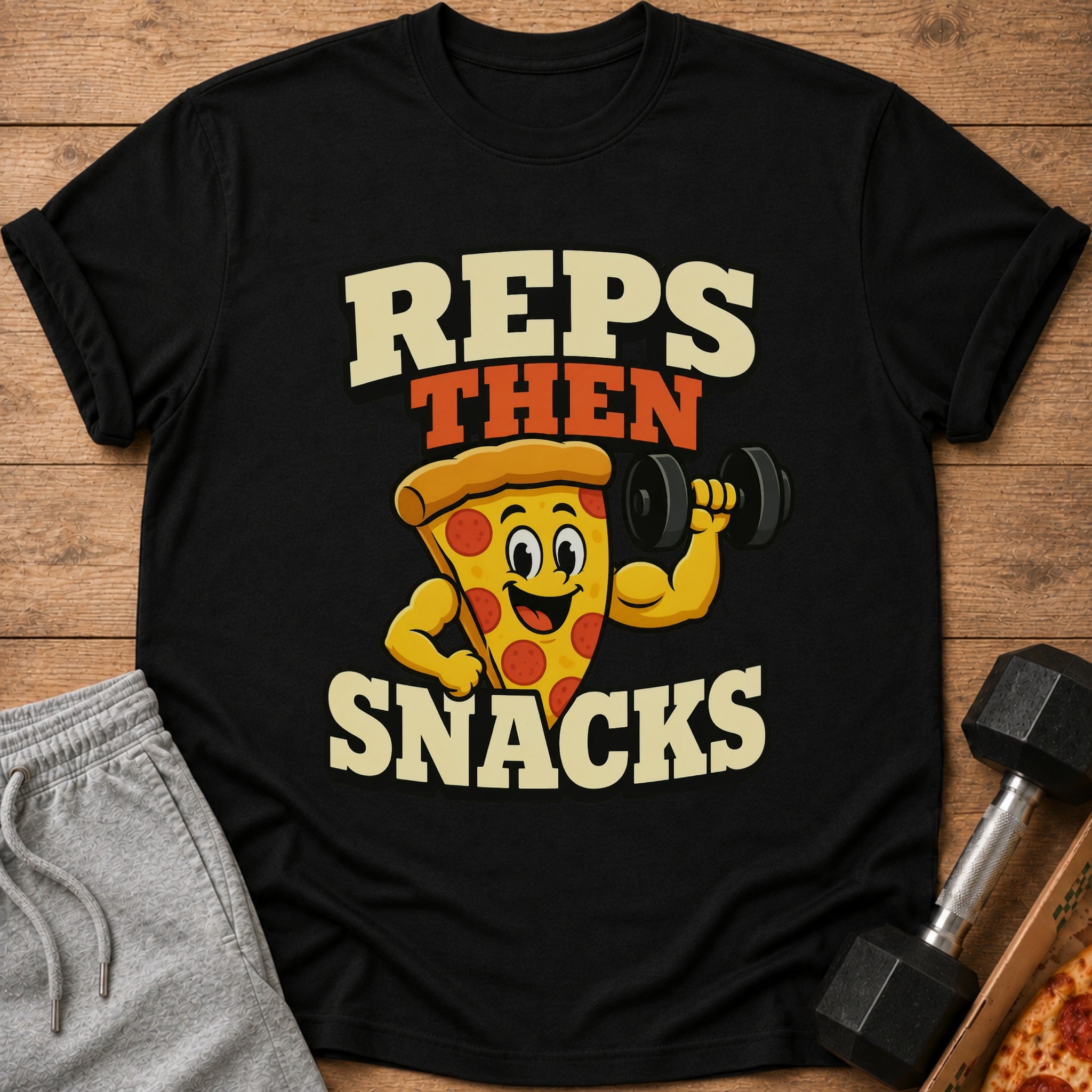 Black t-shirt with "REPS THEN SNACKS" text and a cartoon pizza lifting weights.