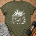 Olive green t-shirt with a dumpster fire graphic that says "DIET PLAN".