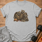 Three raccoons peek out of a duffel bag with a pumpkin and leaves.