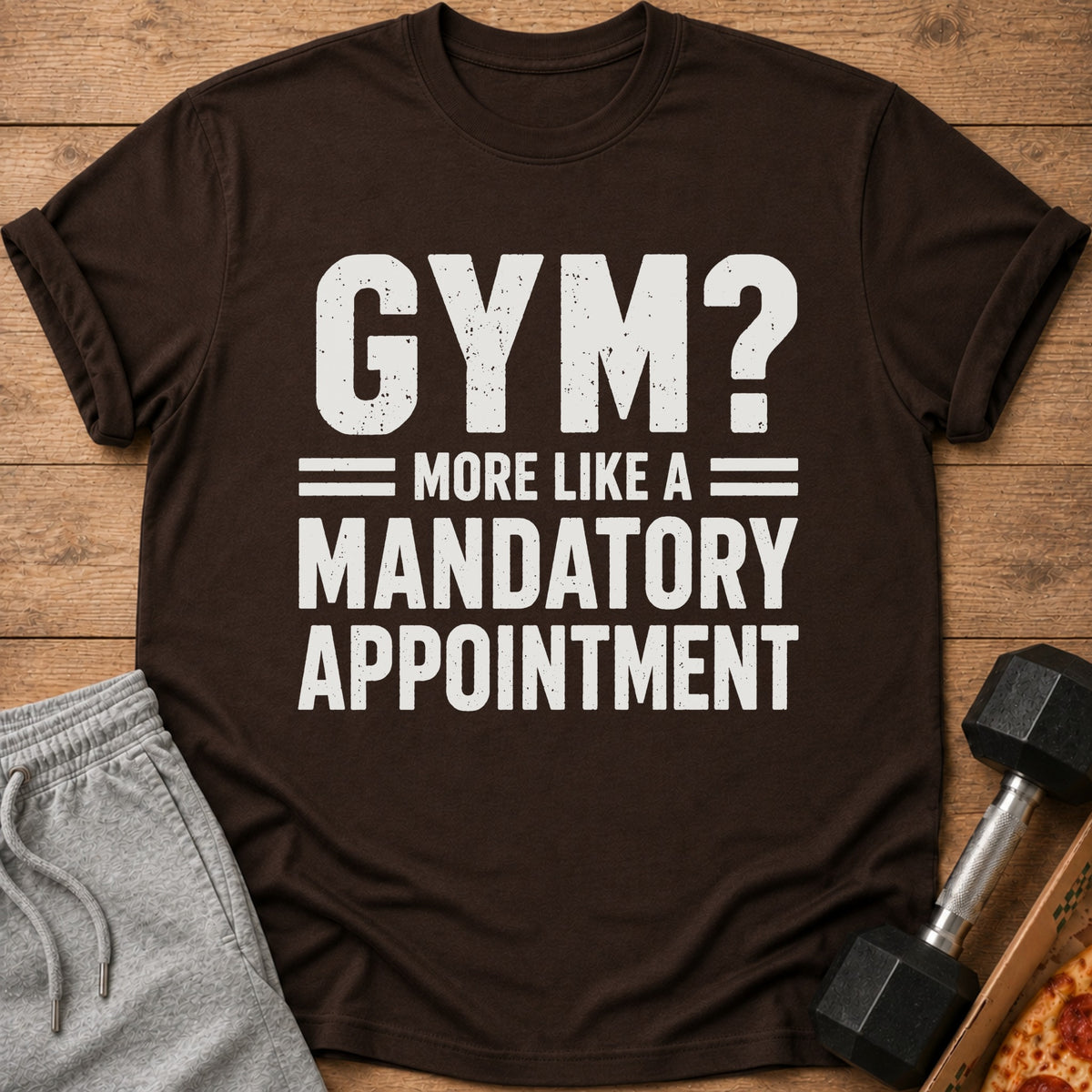 Brown t-shirt with white text: GYM? MORE LIKE A MANDATORY APPOINTMENT
