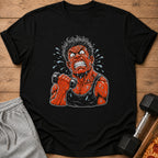 T-shirt with cartoon man sweating and lifting dumbbell