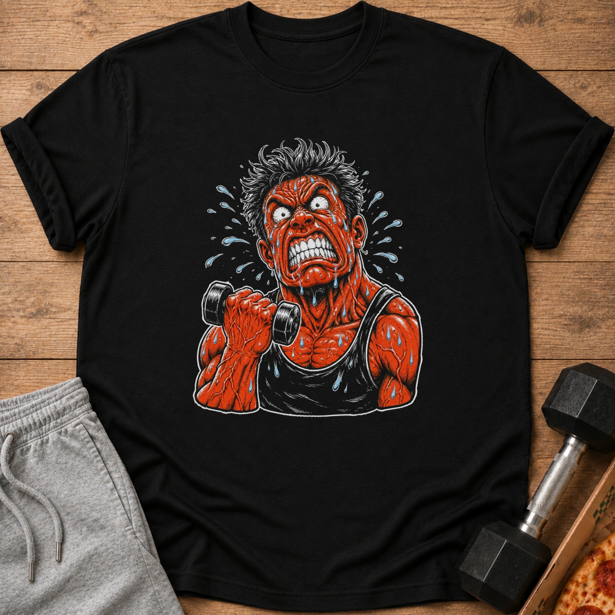 T-shirt with cartoon man sweating and lifting dumbbell