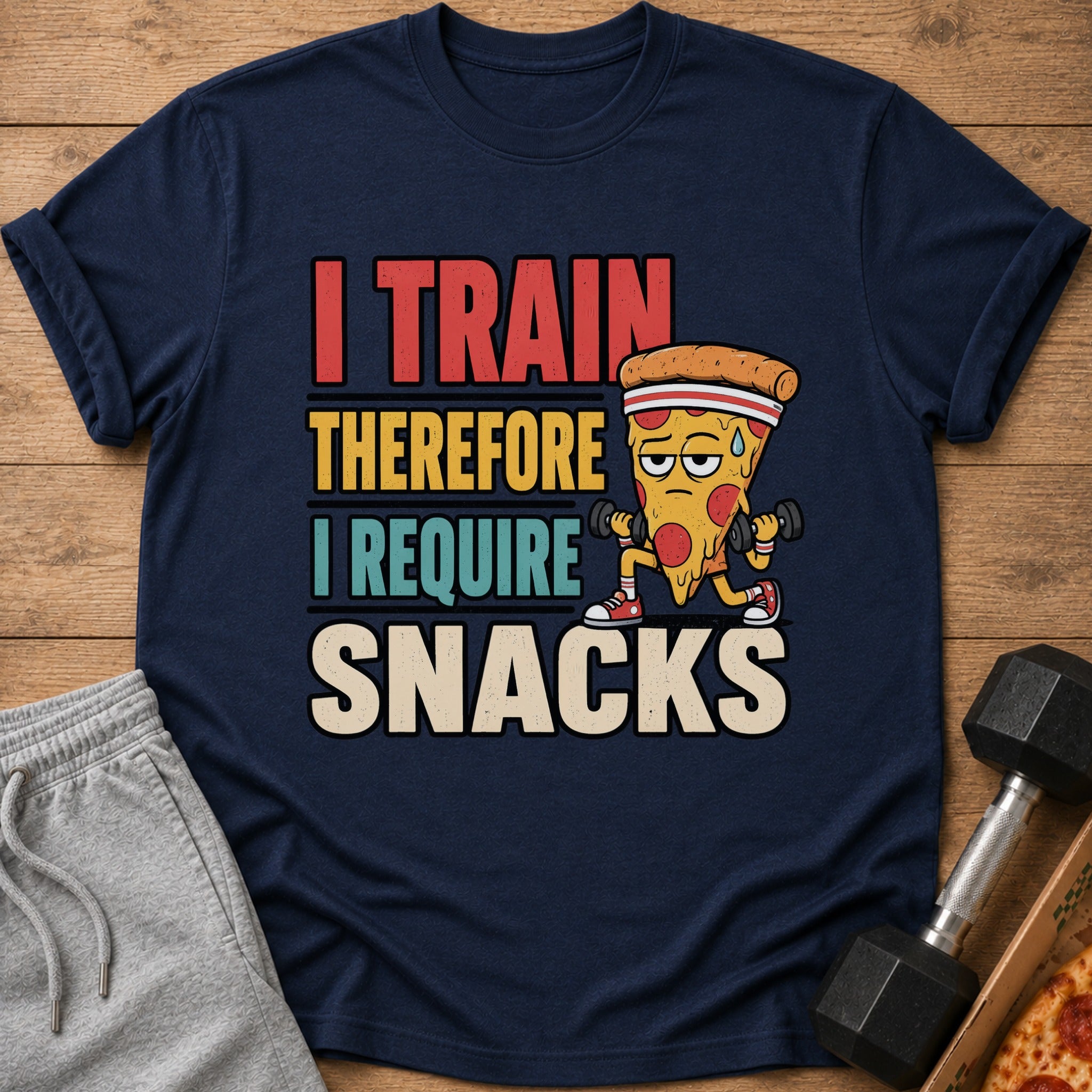 Navy t-shirt with "I train therefore I require snacks" and a pizza character lifting weights.