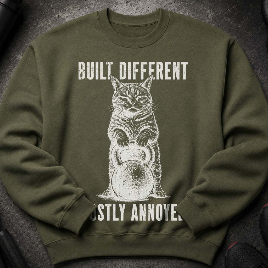 Olive green sweatshirt with a cat holding a kettlebell and text reading "BUILT DIFFERENT", "MOSTLY ANNOYE".