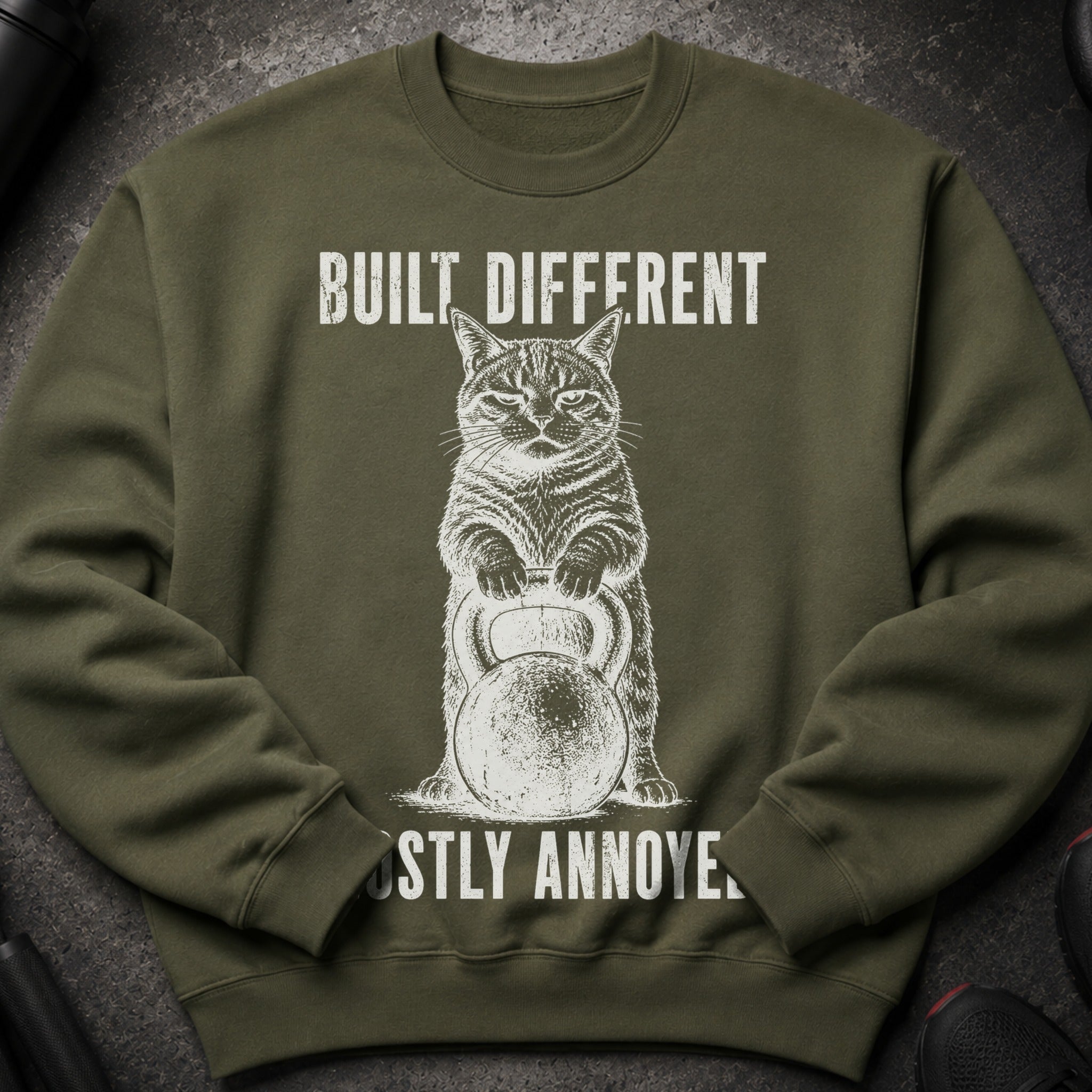 Olive green sweatshirt with a cat holding a kettlebell and text reading "BUILT DIFFERENT", "MOSTLY ANNOYE".