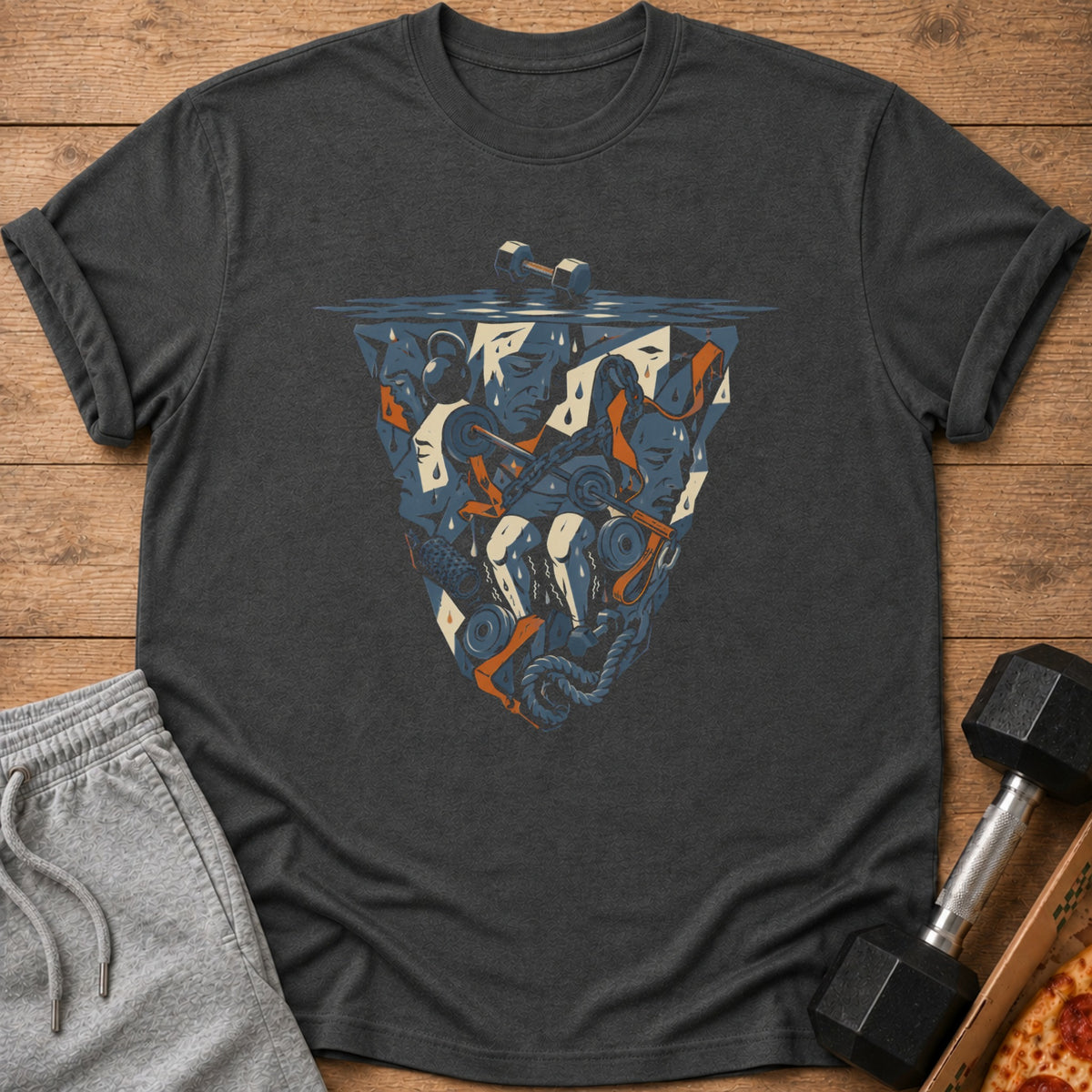 Dark gray t-shirt with abstract graphic of faces, chains, and weights.