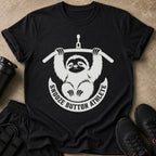 Black t-shirt with white graphic of a sloth hanging from a bar, text says Snooze Button Athlete.