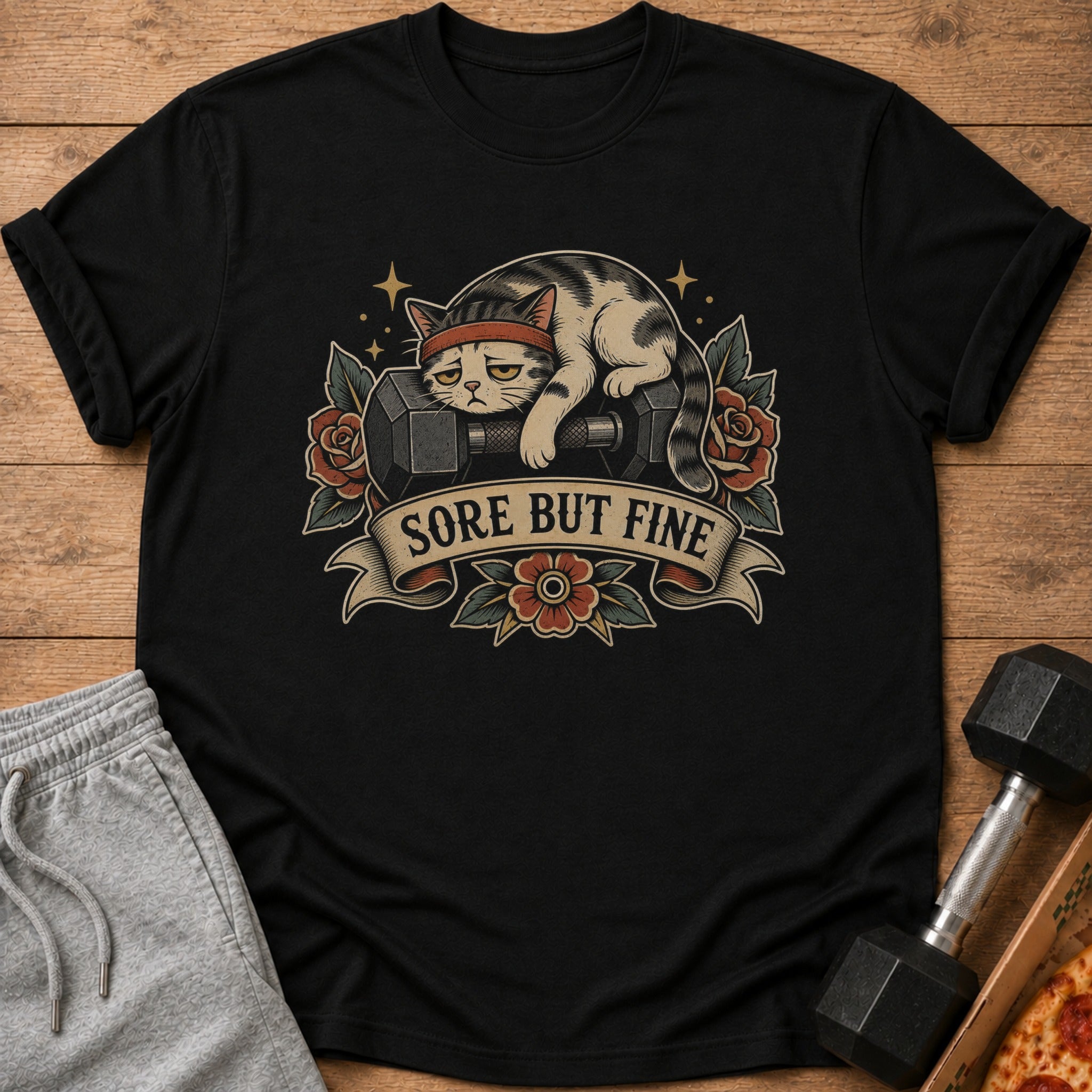 Black t-shirt with a cat wearing a headband lying on dumbbells, text reads "SORE BUT FINE."