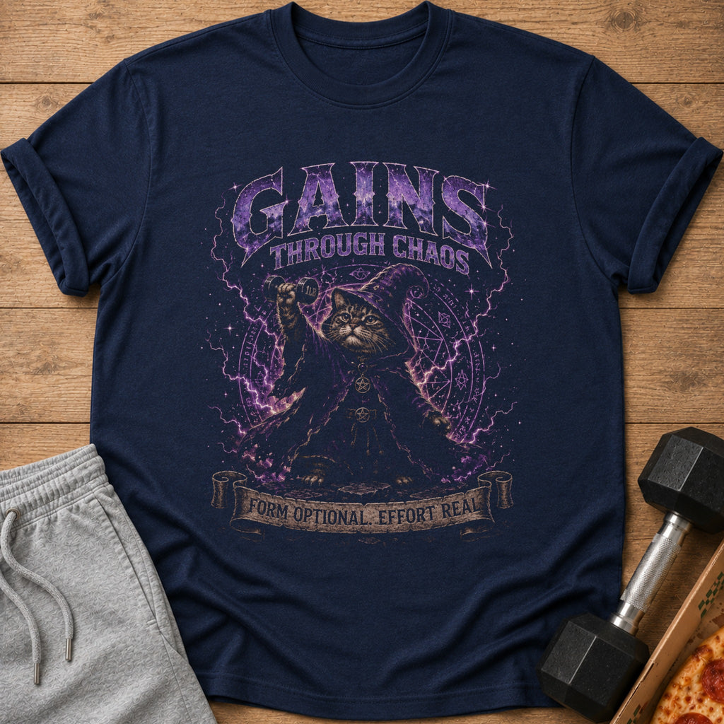 Dark navy t-shirt with wizard cat graphic, "Gains Through Chaos" text.