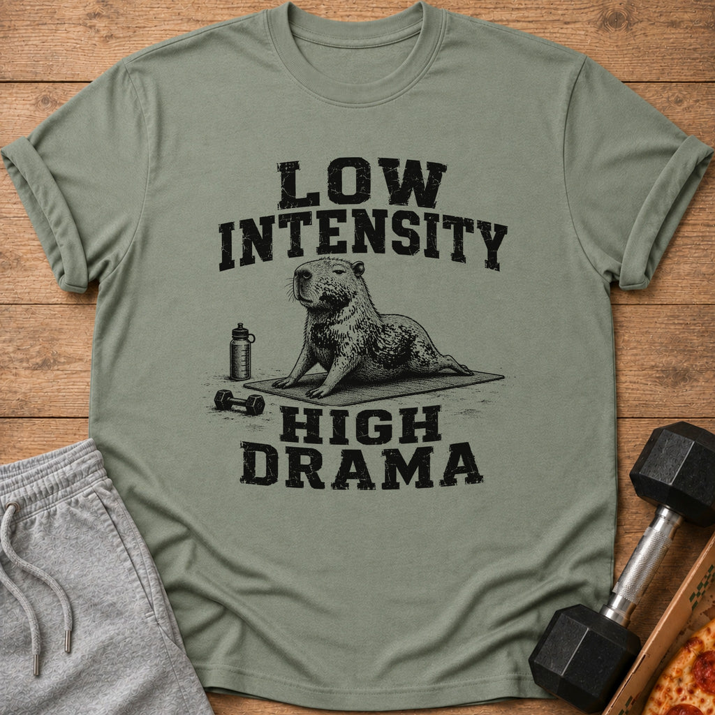 Green t-shirt with capybara doing yoga, "Low Intensity High Drama" text.