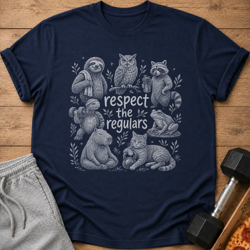 Navy t-shirt with sketch art of animals and text "respect the regulars."