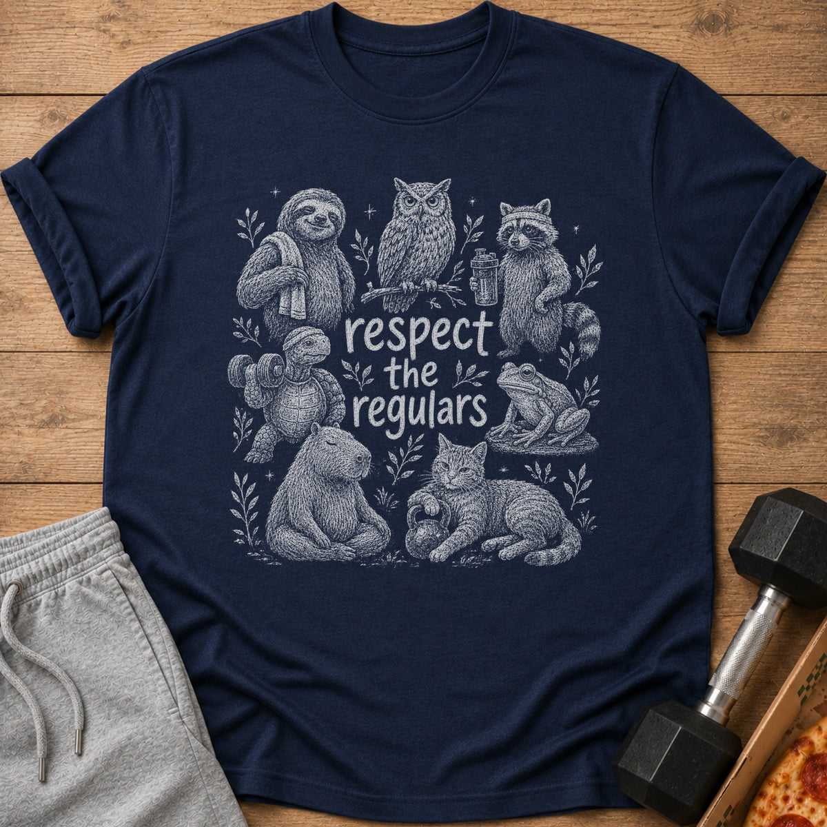 Navy t-shirt with sketch art of animals and text "respect the regulars."