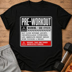 Black t-shirt with "PRE-WORKOUT" and warning text about side effects.