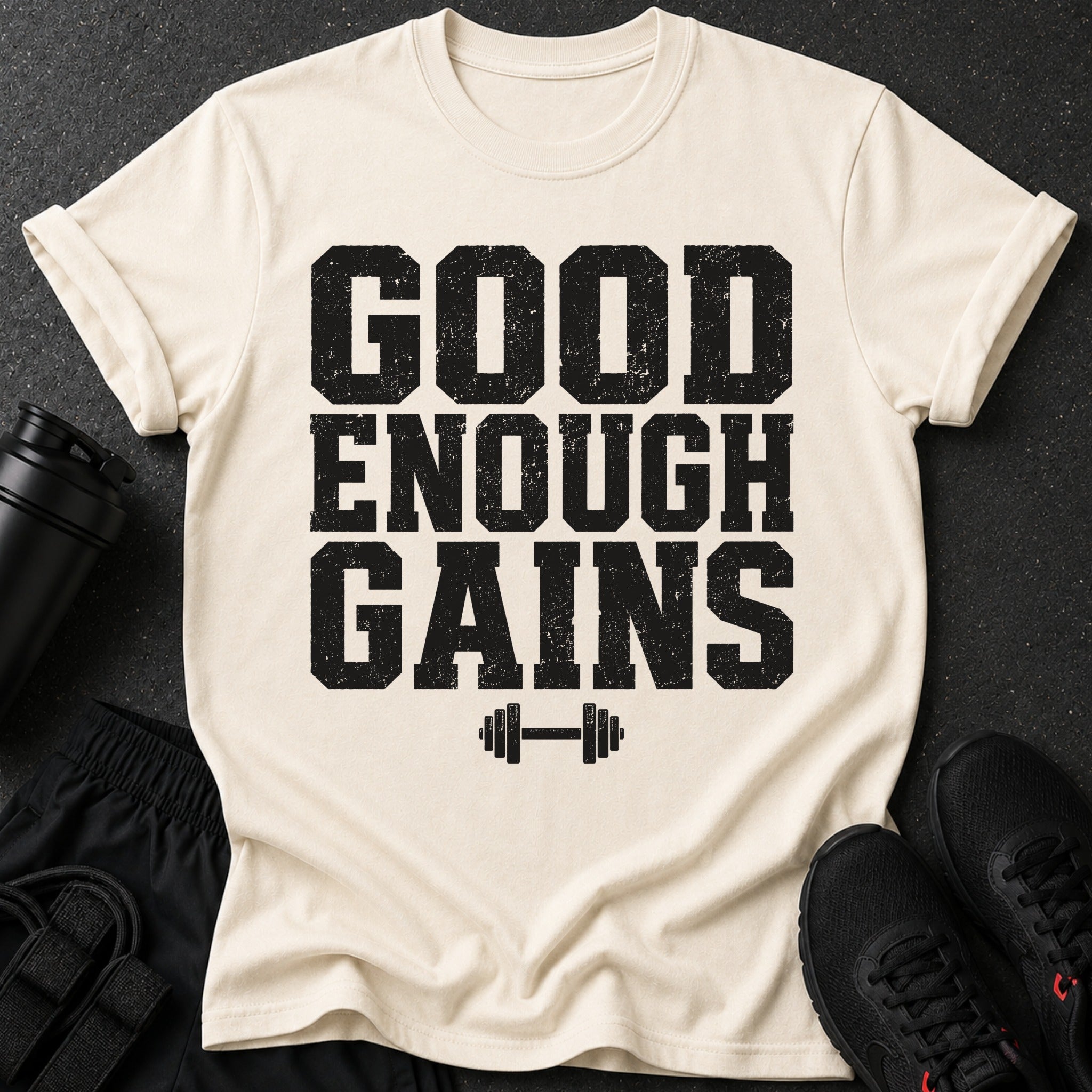 Cream t-shirt with black distressed text "GOOD ENOUGH GAINS" and dumbbell graphic.