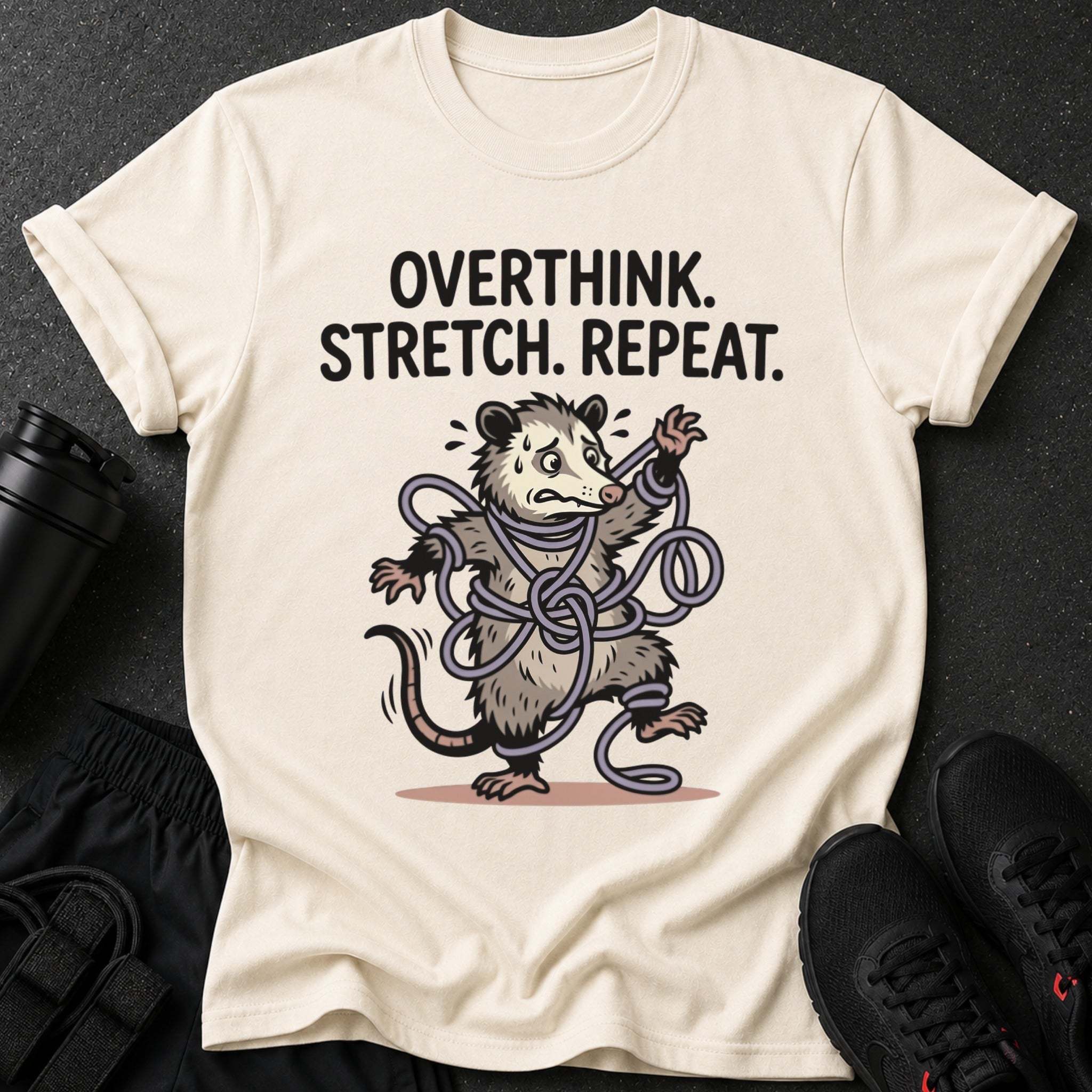 Graphic tee with text "OVERTHINK. STRETCH. REPEAT." and a tangled opossum illustration.