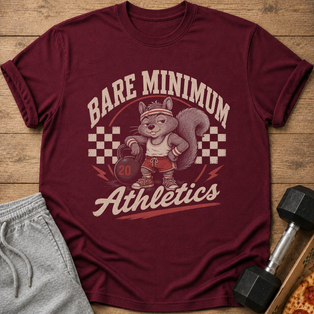 Maroon t-shirt with a squirrel lifting weights, text "BARE MINIMUM Athletics".