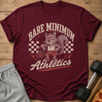 Maroon t-shirt with a squirrel lifting weights, text "BARE MINIMUM Athletics".