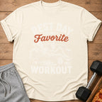 Light beige t-shirt with skeleton graphic and text "REST DAY IS MY FAVORITE WORKOUT".