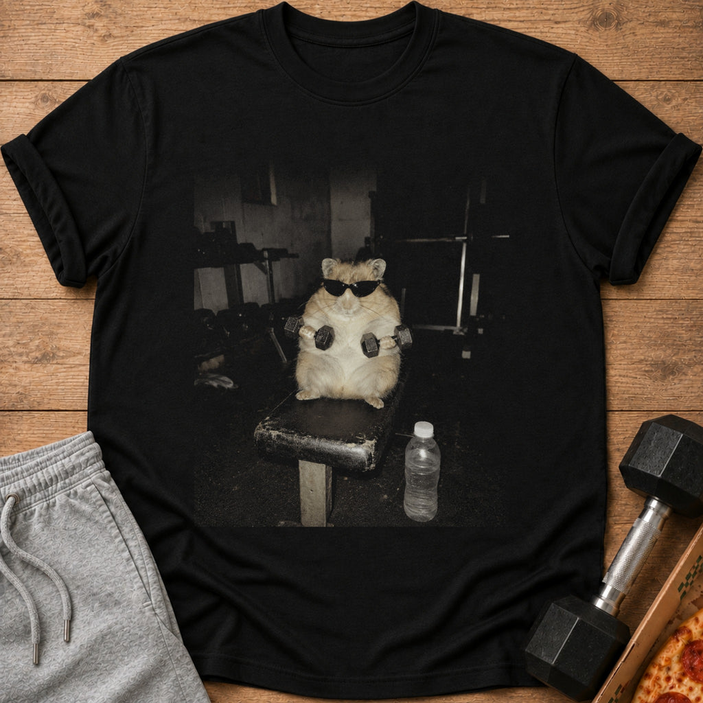 Hamster wearing sunglasses lifts dumbbells on a weight bench with a water bottle.