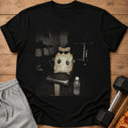 Hamster wearing sunglasses lifts dumbbells on a weight bench with a water bottle.
