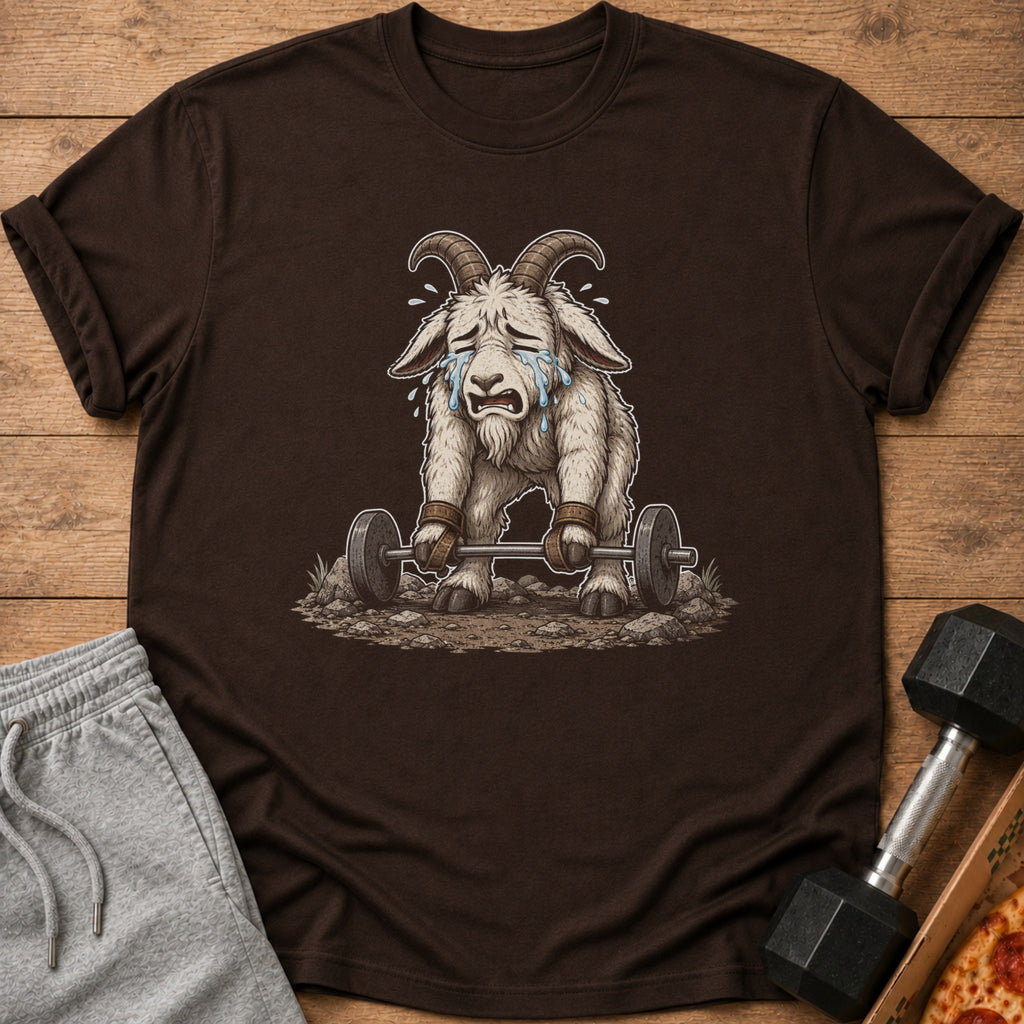 T-shirt with crying goat lifting a barbell on a wooden background.