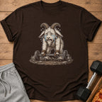 T-shirt with crying goat lifting a barbell on a wooden background.
