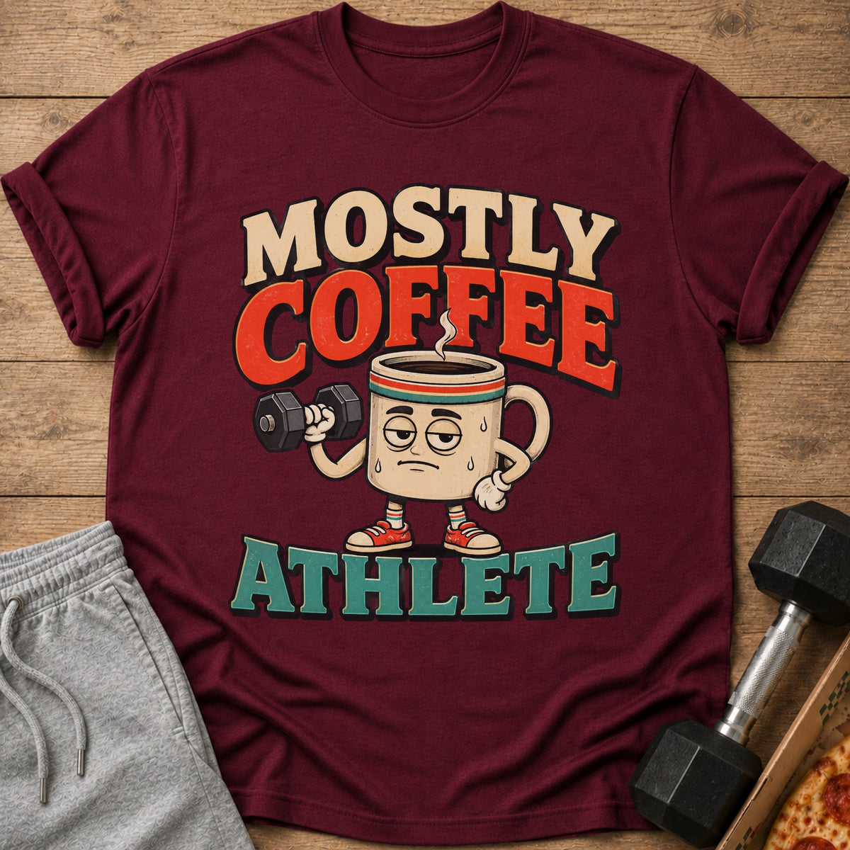 Maroon t-shirt with "MOSTLY COFFEE ATHLETE" text and cartoon coffee cup lifting weights.