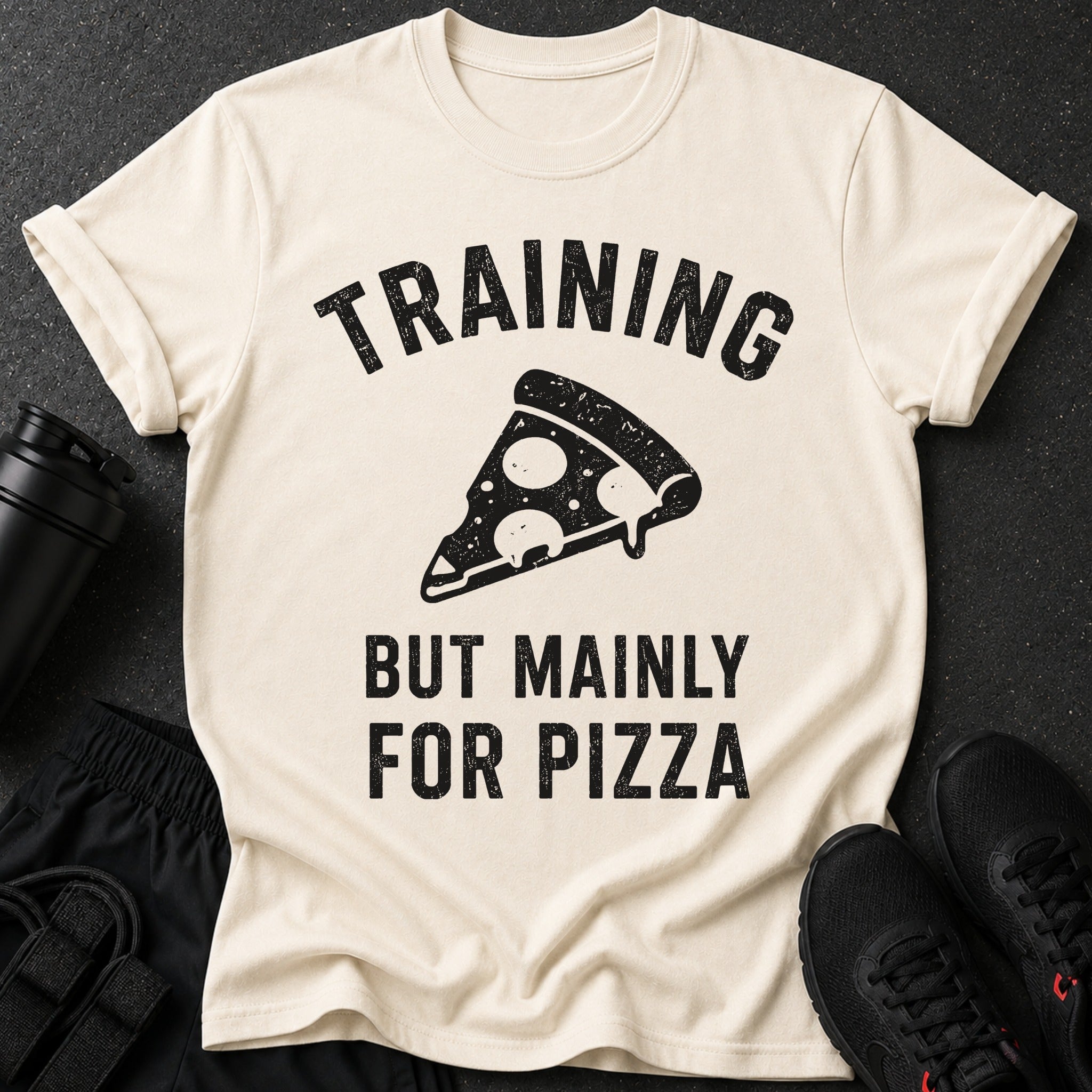 Cream t-shirt with black text "TRAINING BUT MAINLY FOR PIZZA" and pizza slice graphic.