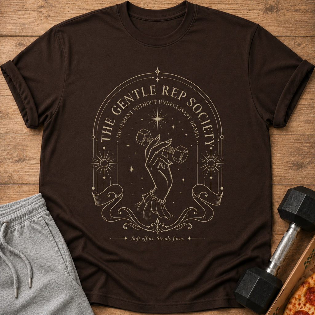 Brown t-shirt with "The Gentle Rep Society" text and a hand holding a dumbbell.