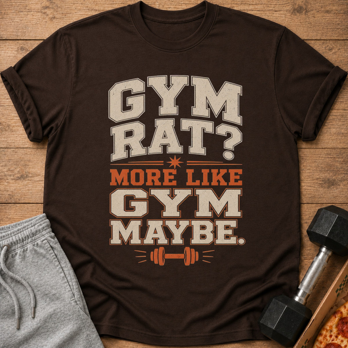 Brown t-shirt with "Gym Rat? More Like Gym Maybe." text and dumbbell graphic.