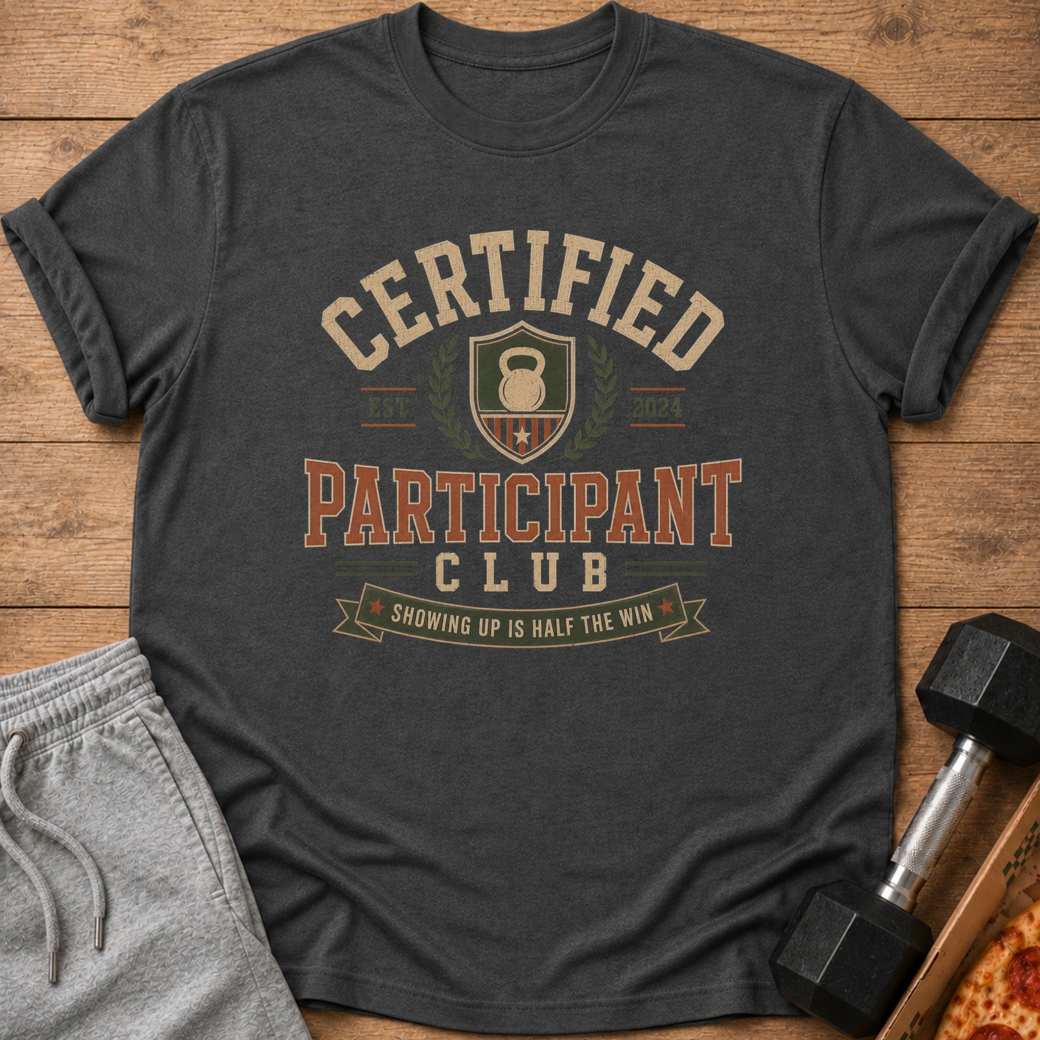 Dark grey t-shirt with "Certified Participant Club" text and a kettlebell emblem.