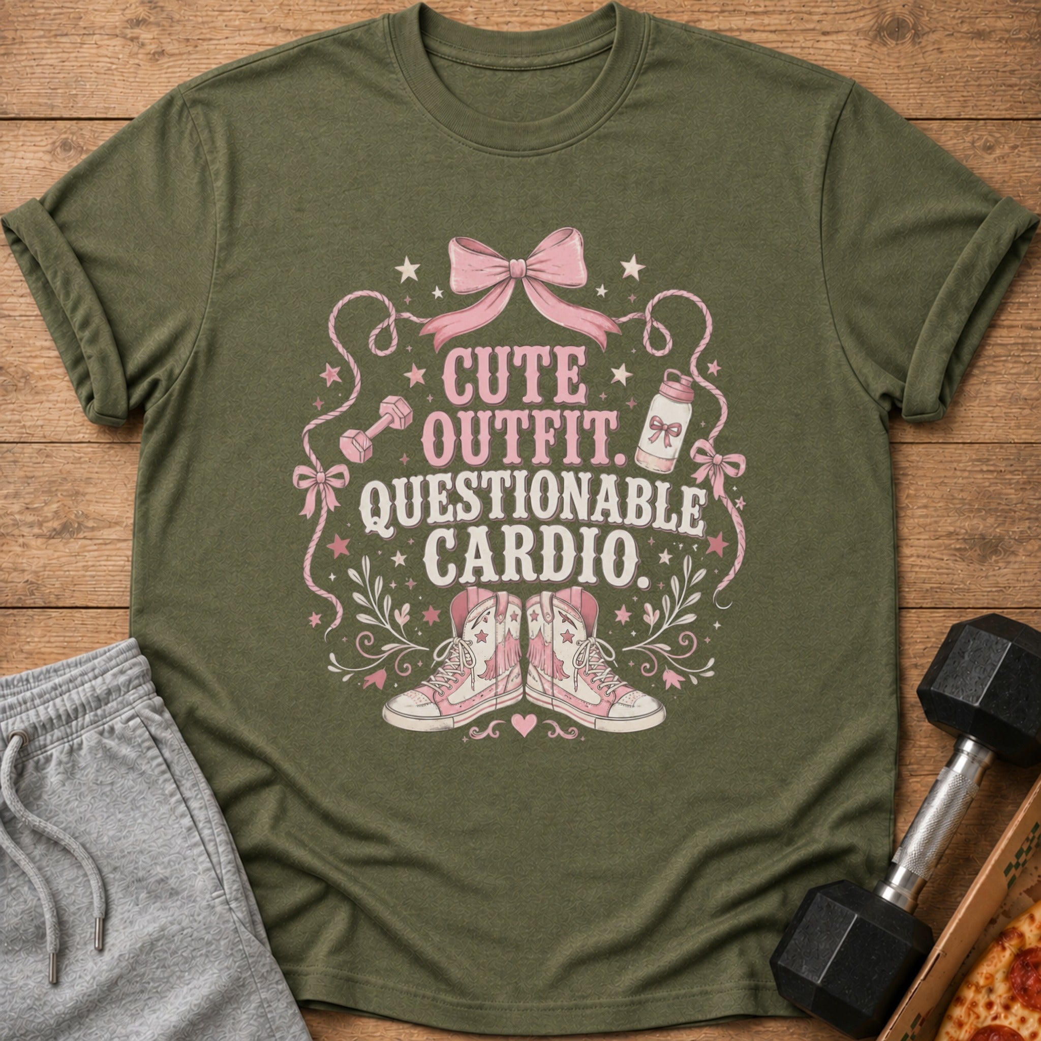 Olive green t-shirt with "Cute Outfit. Questionable Cardio." text and graphic.