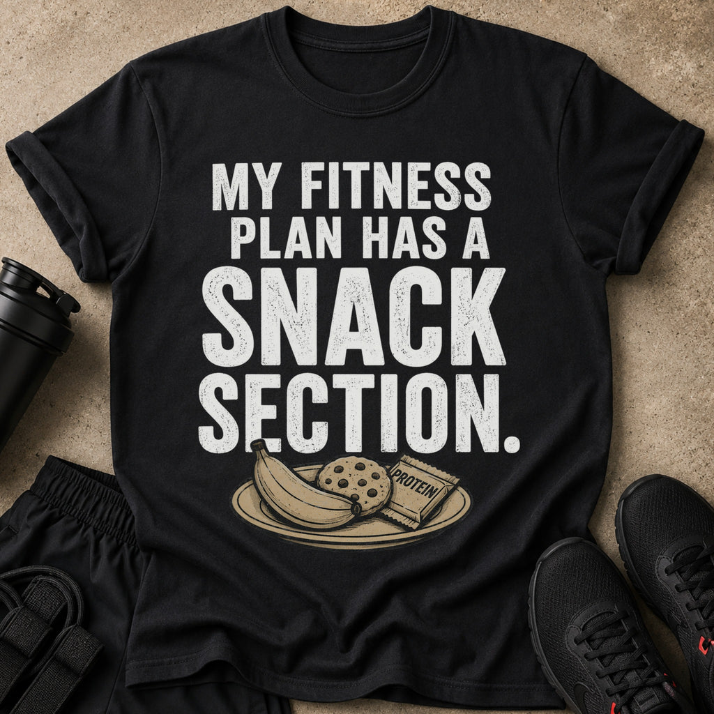 Black t-shirt with "My Fitness Plan Has A Snack Section" text and snacks.