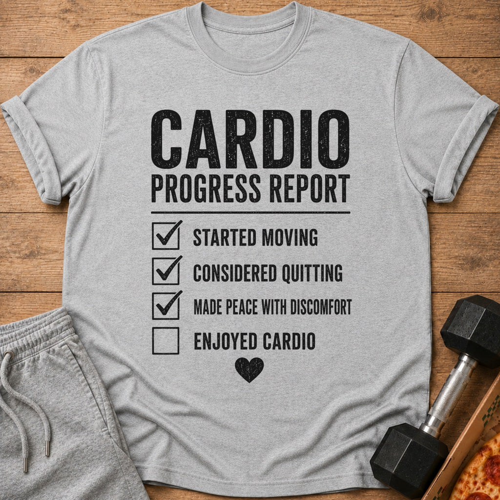 Gray t-shirt with "Cardio Progress Report" and a checklist with three checked items.