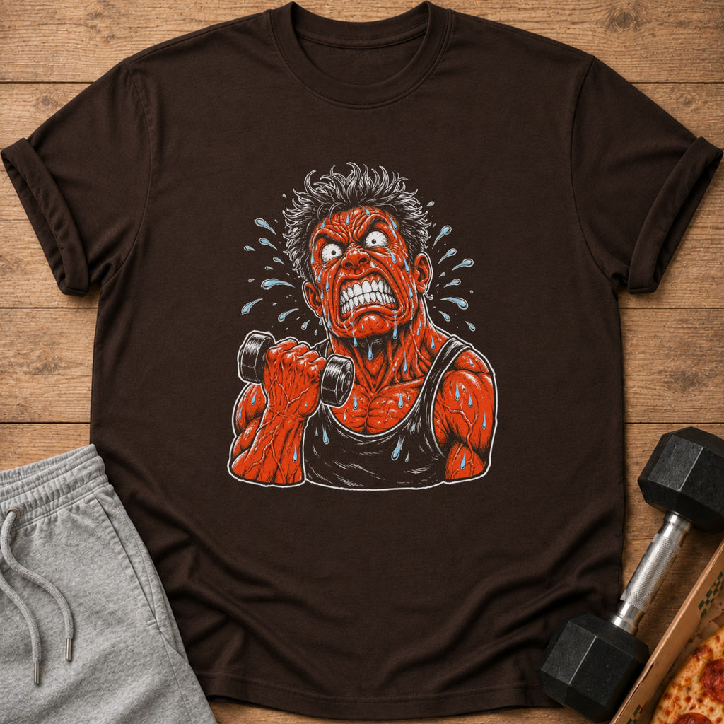 Brown t-shirt with cartoon illustration of a sweaty, red-faced man lifting a dumbbell.
