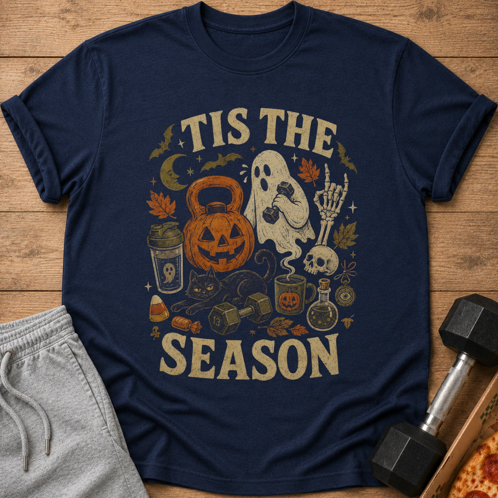 Navy t-shirt with "Tis The Season" Halloween workout graphic.