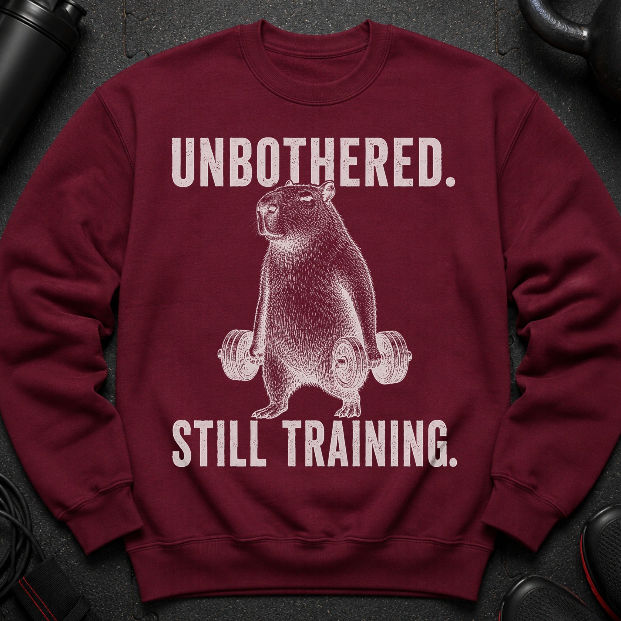 Maroon sweatshirt with a white graphic of a capybara holding dumbbells and text "UNBOTHERED. STILL TRAINING."