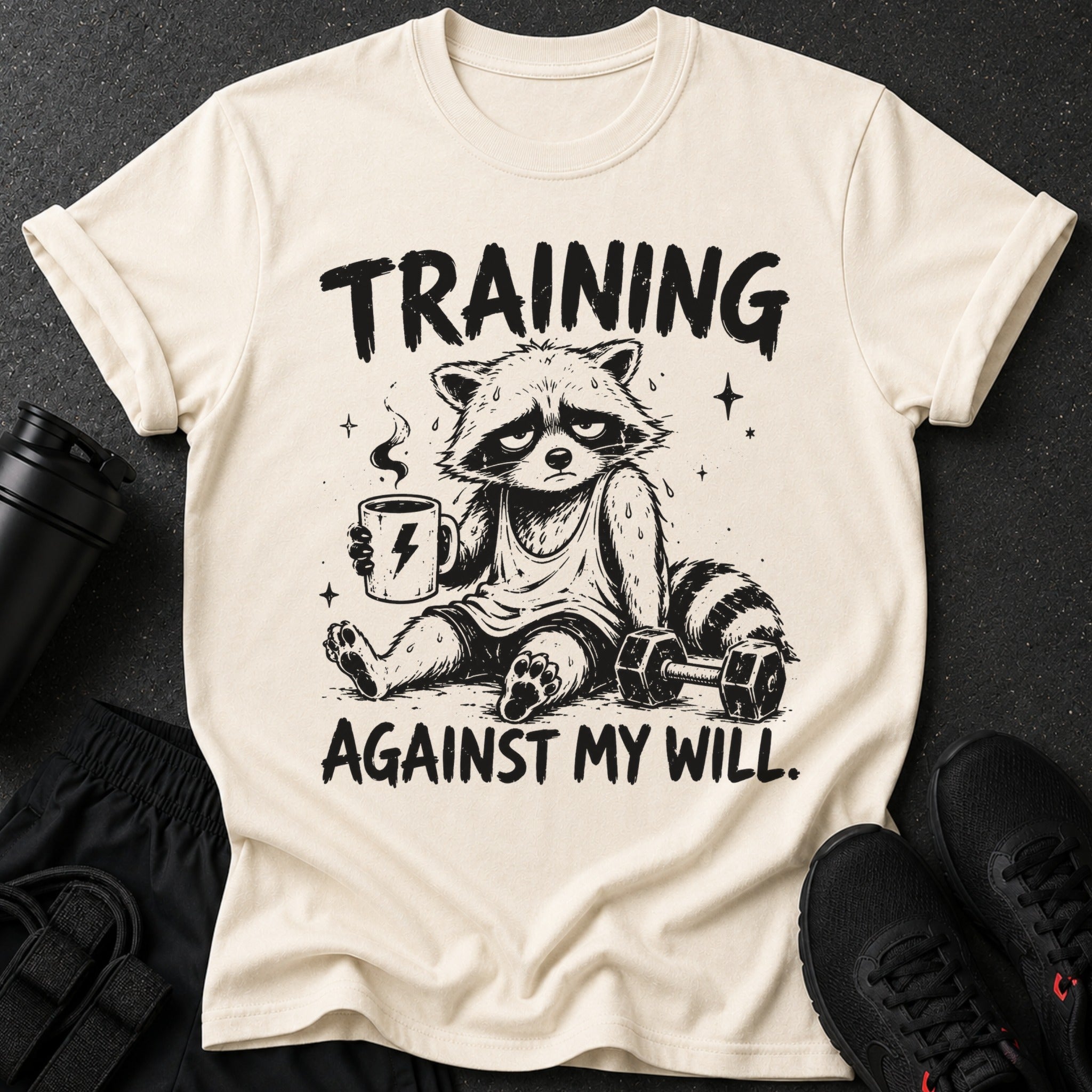 T-shirt with a tired raccoon holding coffee, lifting weights, and text "TRAINING AGAINST MY WILL."