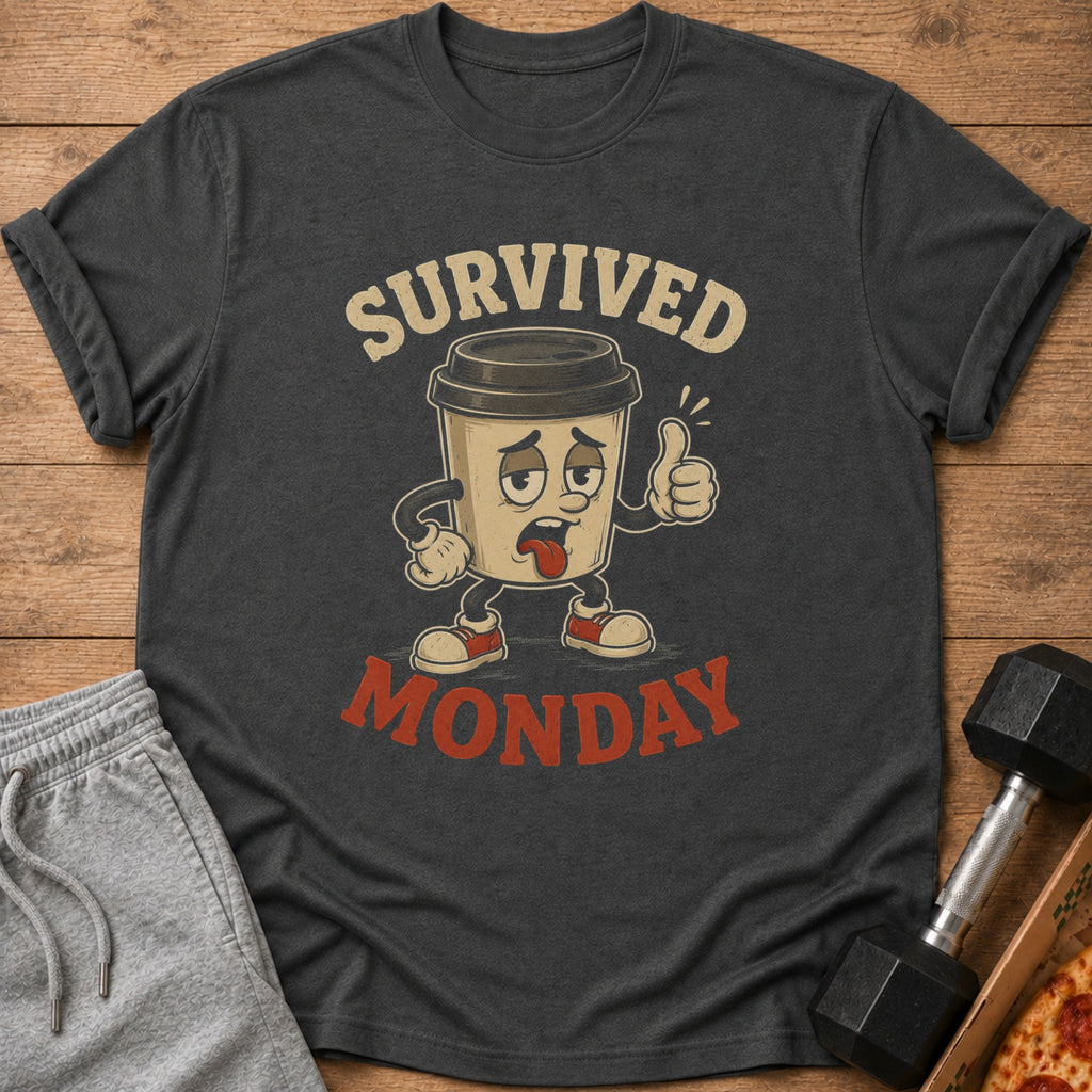 Dark grey t-shirt with cartoon coffee cup saying "SURVIVED MONDAY"
