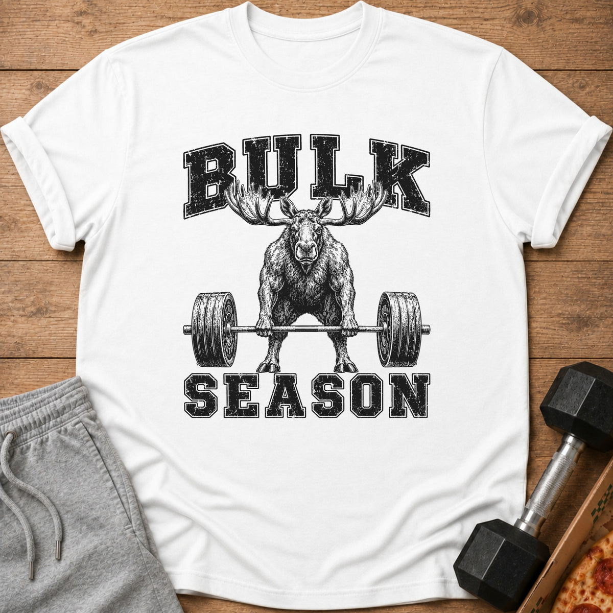 White t-shirt with distressed "BULK SEASON" text and a moose lifting a barbell.