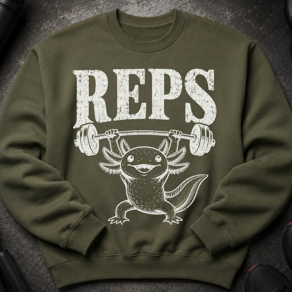 Green sweatshirt with white "REPS" text and an axolotl lifting a barbell.