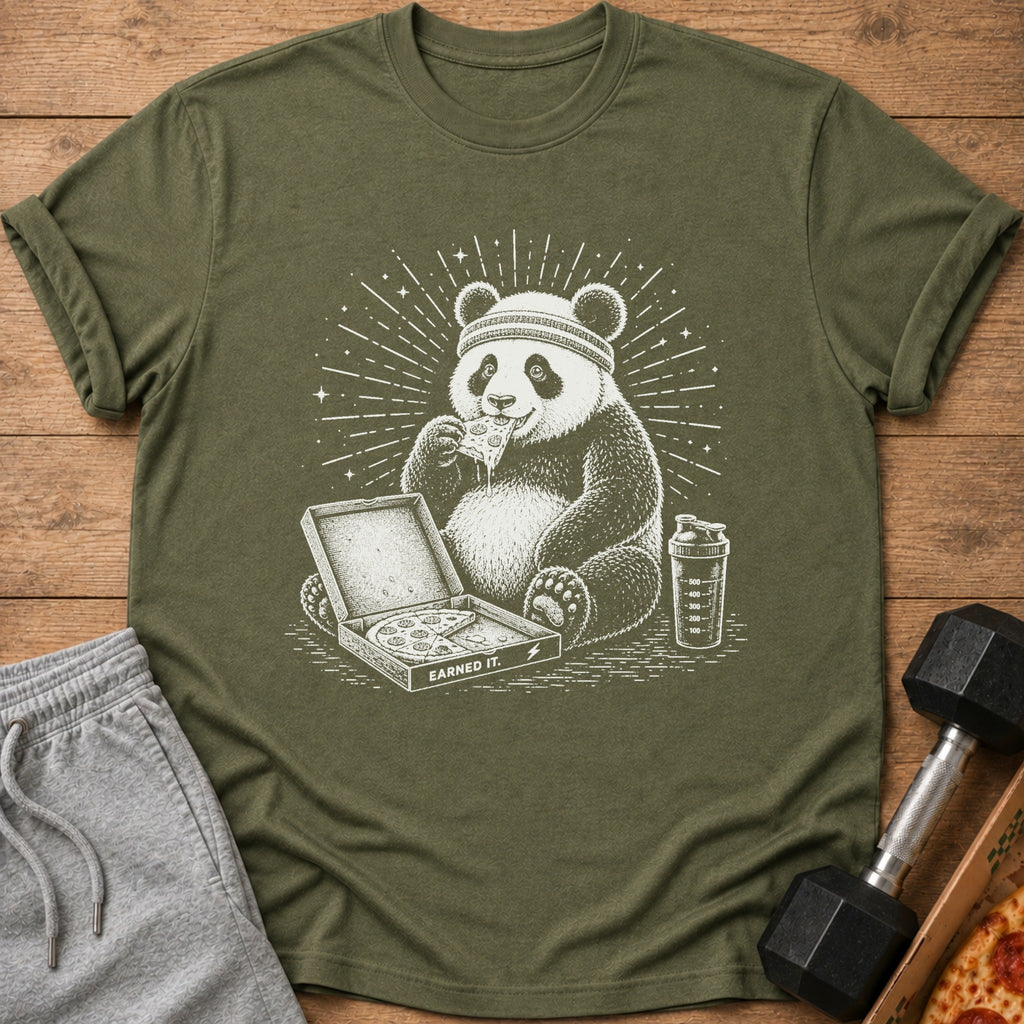 Panda wearing headband eating pizza from a box, next to a shaker bottle.