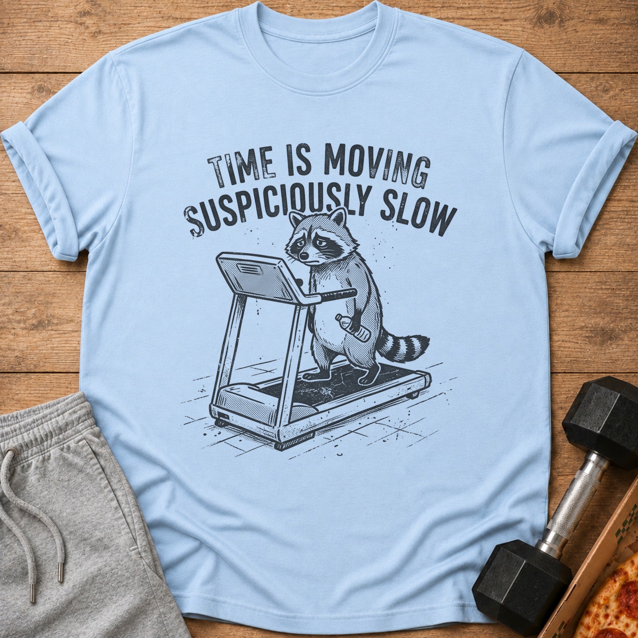 Light blue t-shirt with raccoon on treadmill graphic and text "TIME IS MOVING SUSPICIOUSLY SLOW".