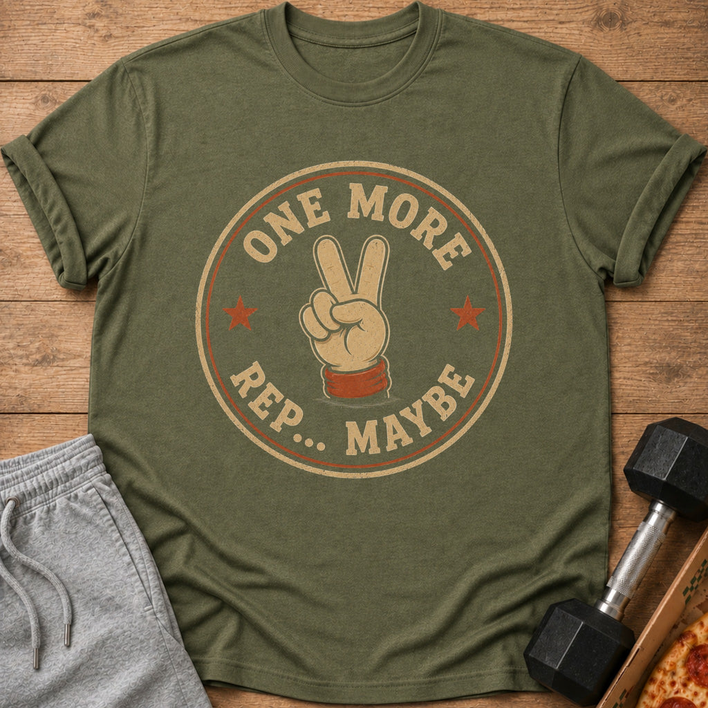 Olive green t-shirt with "ONE MORE REP... MAYBE" graphic and peace sign.