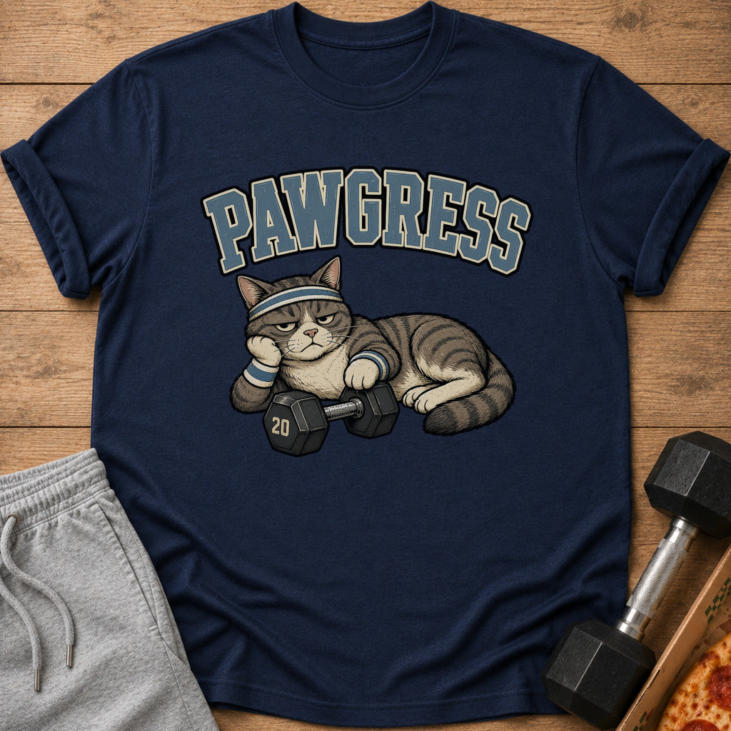 Navy t-shirt with a tabby cat wearing workout gear and the text "PAWGRESS".